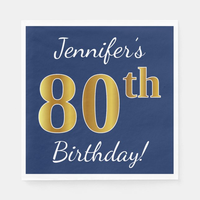 Blue, Faux Gold 80th Birthday + Custom Name Napkin (Front)