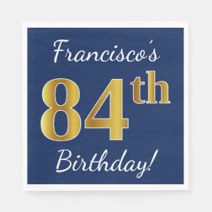 Blue, Faux Gold 84th Birthday + Custom Name Napkin