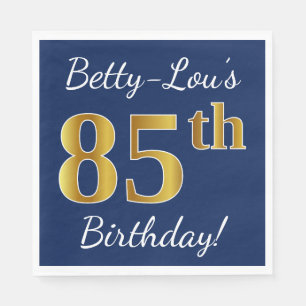 Blue, Faux Gold 85th Birthday + Custom Name Napkin