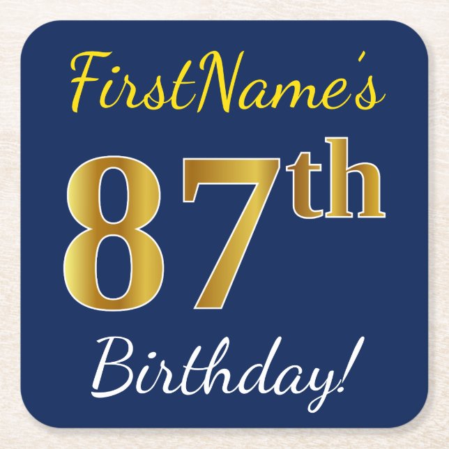Blue, Faux Gold 87th Birthday + Custom Name Square Paper Coaster (Front)