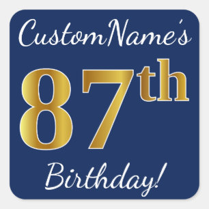 Blue, Faux Gold 87th Birthday + Custom Name Square Sticker