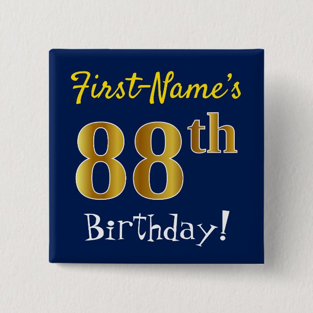 Blue, Faux Gold 88th Birthday, With Custom Name 2 Inch Square Button (Front)