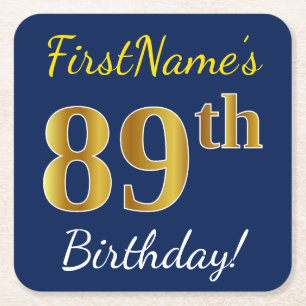 Blue, Faux Gold 89th Birthday + Custom Name Square Paper Coaster