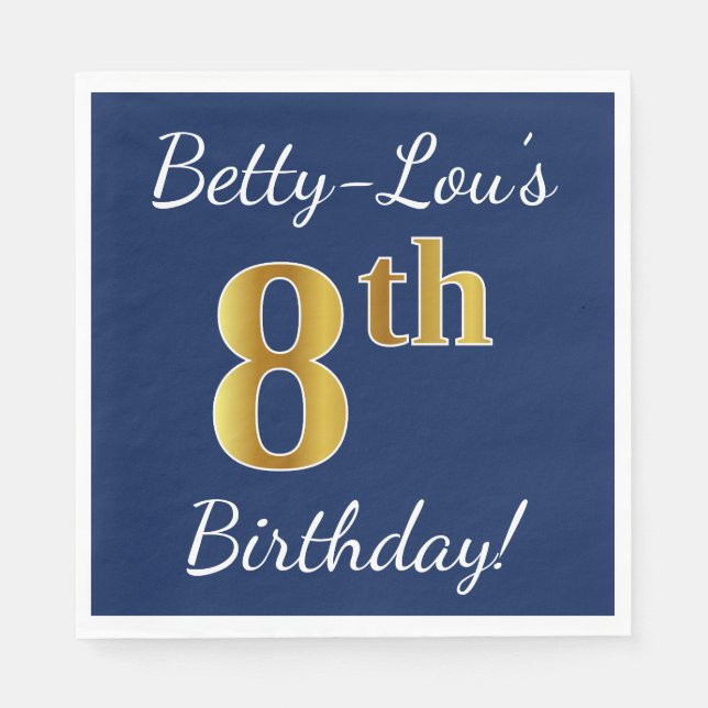 Blue, Faux Gold 8th Birthday + Custom Name Napkin (Front)