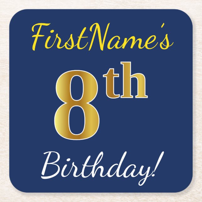 Blue, Faux Gold 8th Birthday + Custom Name Square Paper Coaster (Front)