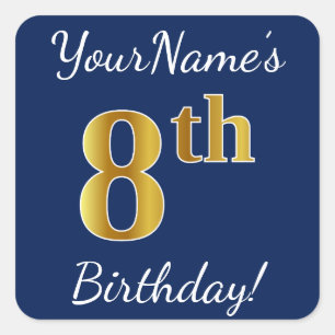 Blue, Faux Gold 8th Birthday + Custom Name Sticker
