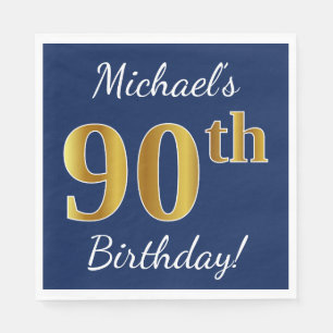 Blue, Faux Gold 90th Birthday + Custom Name Napkin