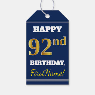 Blue, Faux Gold 92nd Birthday + Custom Name Gift Tags