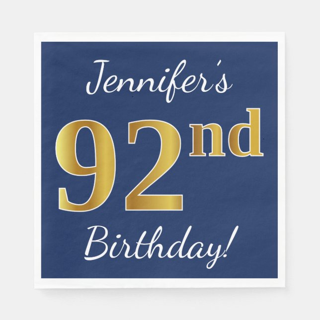 Blue, Faux Gold 92nd Birthday + Custom Name Napkin (Front)