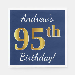 Blue, Faux Gold 95th Birthday + Custom Name Napkin