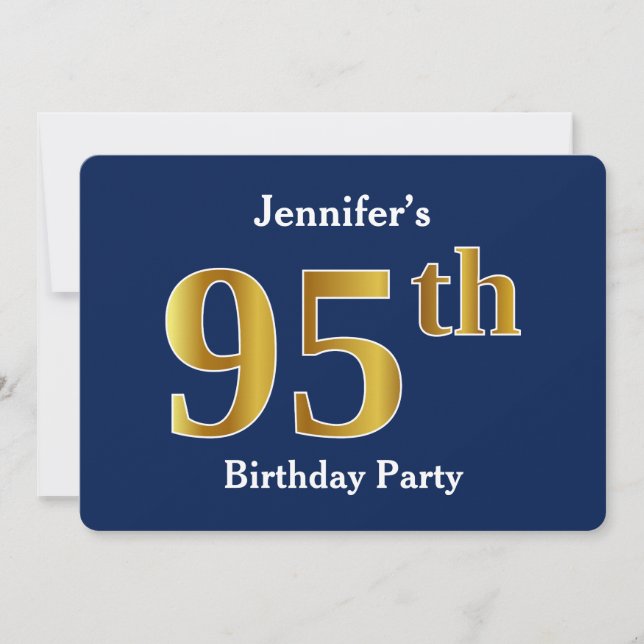 Blue, Faux Gold 95th Birthday Party + Custom Name Invitation (Front)
