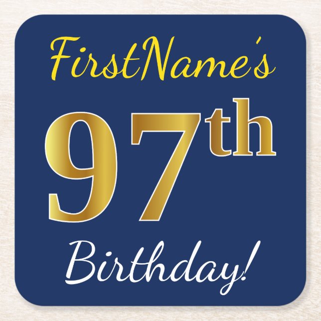 Blue, Faux Gold 97th Birthday + Custom Name Square Paper Coaster (Front)