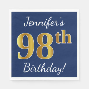 Blue, Faux Gold 98th Birthday + Custom Name Napkin