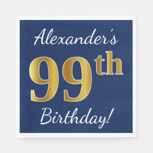 Blue, Faux Gold 99th Birthday + Custom Name Napkin