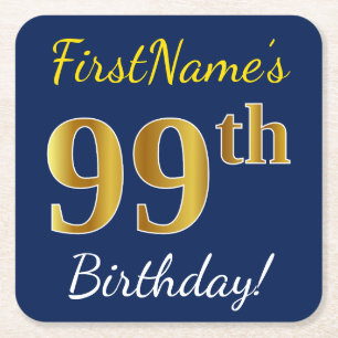 Blue, Faux Gold 99th Birthday + Custom Name Square Paper Coaster