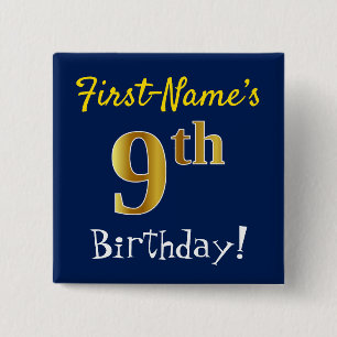 Blue, Faux Gold 9th Birthday, With Custom Name 2 Inch Square Button