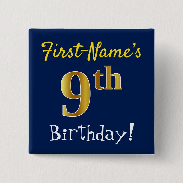 Blue, Faux Gold 9th Birthday, With Custom Name 2 Inch Square Button (Front)