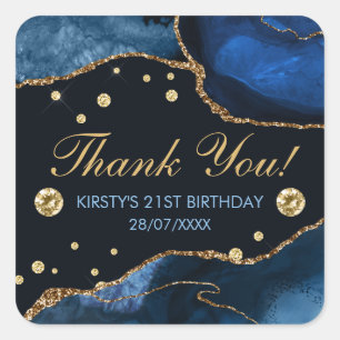 Blue & Faux Gold Glitter Agate Birthday Square Sticker