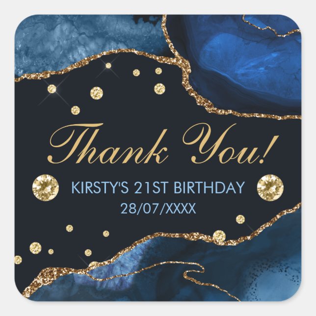 Blue & Faux Gold Glitter Agate Birthday Square Sticker (Front)