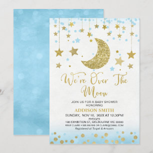 Blue Faux Gold Glitter Over The Moon Baby Shower Invitation