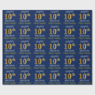 Blue, Faux Gold "HAPPY 10th BIRTHDAY" Wrapping Paper