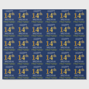 Blue, Faux Gold "HAPPY 14th BIRTHDAY" Wrapping Paper