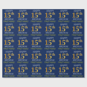 Blue, Faux Gold "HAPPY 15th BIRTHDAY" Wrapping Paper