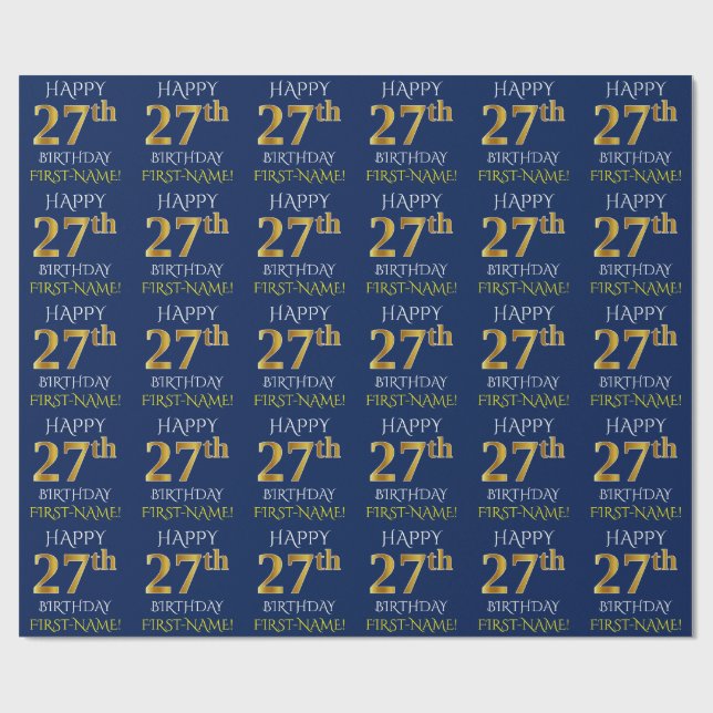 Blue, Faux Gold "HAPPY 27th BIRTHDAY" Wrapping Paper (Flat)