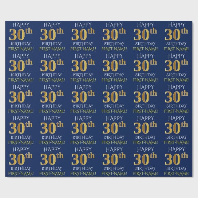 Blue, Faux Gold "HAPPY 30th BIRTHDAY" Wrapping Paper (Flat)