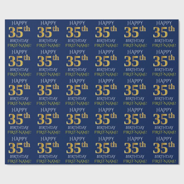 Blue, Faux Gold "HAPPY 35th BIRTHDAY" Wrapping Paper (Flat)