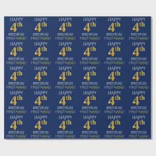 Blue, Faux Gold "HAPPY 4th BIRTHDAY" Wrapping Paper