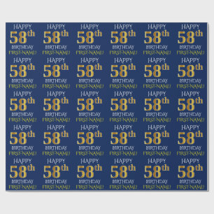 Blue, Faux Gold "HAPPY 58th BIRTHDAY" Wrapping Paper