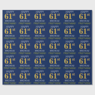 Blue, Faux Gold "HAPPY 61st BIRTHDAY" Wrapping Paper