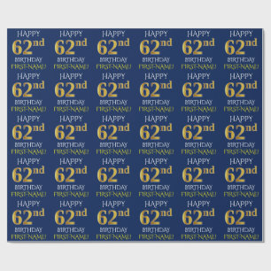 Blue, Faux Gold "HAPPY 62nd BIRTHDAY" Wrapping Paper