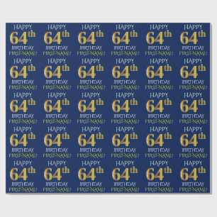 Blue, Faux Gold "HAPPY 64th BIRTHDAY" Wrapping Paper