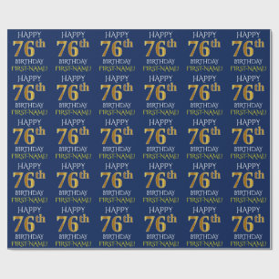 Blue, Faux Gold "HAPPY 76th BIRTHDAY" Wrapping Paper