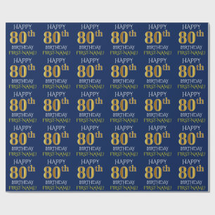 Blue, Faux Gold "HAPPY 80th BIRTHDAY" Wrapping Paper