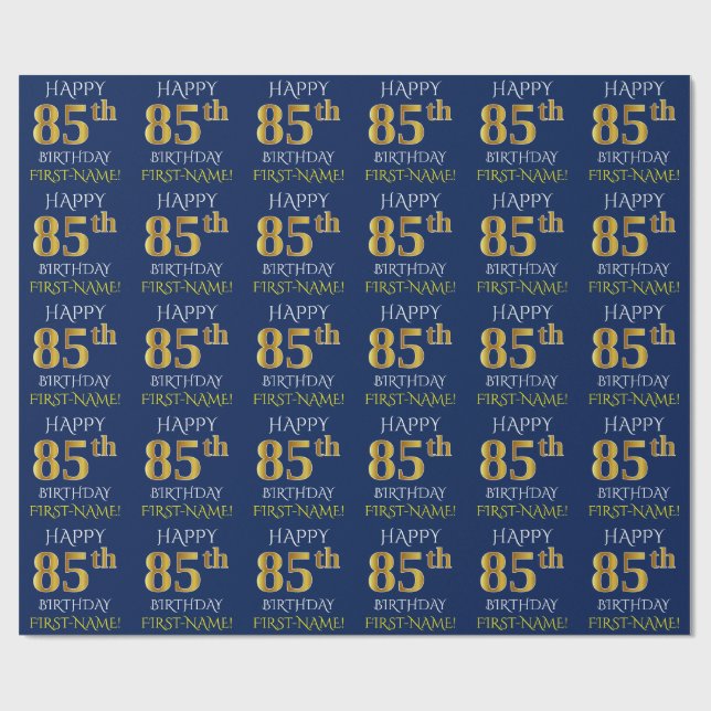 Blue, Faux Gold "HAPPY 85th BIRTHDAY" Wrapping Paper (Flat)