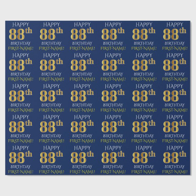 Blue, Faux Gold "HAPPY 88th BIRTHDAY" Wrapping Paper (Flat)