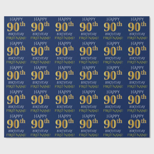 Blue, Faux Gold "HAPPY 90th BIRTHDAY" Wrapping Paper (Flat)