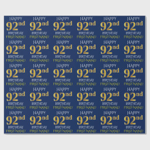 Blue, Faux Gold "HAPPY 92nd BIRTHDAY" Wrapping Paper