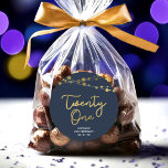 Blue Faux Gold Strings of Lights 21st Birthday Classic Round Sticker<br><div class="desc">This elegant 21st birthday round sticker feature strings of lights and the word "Twenty One" in faux gold against a dark blue background. Check out other matching items here https://www.zazzle.com/collections/strings_of_lights_faux_gold_celebration_collection-119311942951401241?rf=238364477188679314 Personalize it with your details by replacing the placeholder text. For more options click the "Customize it" button. *Please note that...</div>