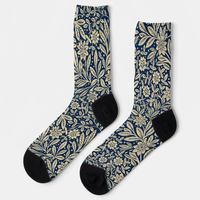 Blue & Faux Gold Vintage Floral Pattern Socks (Left)