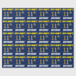 Blue, Faux/Imitation Gold, "11th BIRTHDAY" Wrapping Paper