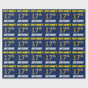 Blue, Faux/Imitation Gold, "17th BIRTHDAY" Wrapping Paper