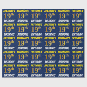 Blue, Faux/Imitation Gold, "19th BIRTHDAY" Wrapping Paper