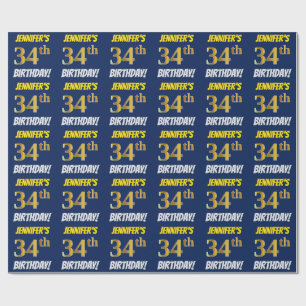 Blue, Faux/Imitation Gold, "34th BIRTHDAY" Wrapping Paper