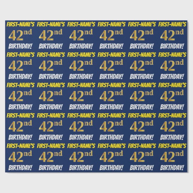 Blue, Faux/Imitation Gold, "42nd BIRTHDAY" Wrapping Paper (Flat)