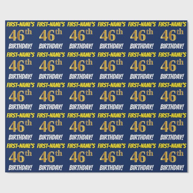 Blue, Faux/Imitation Gold, "46th BIRTHDAY" Wrapping Paper (Flat)