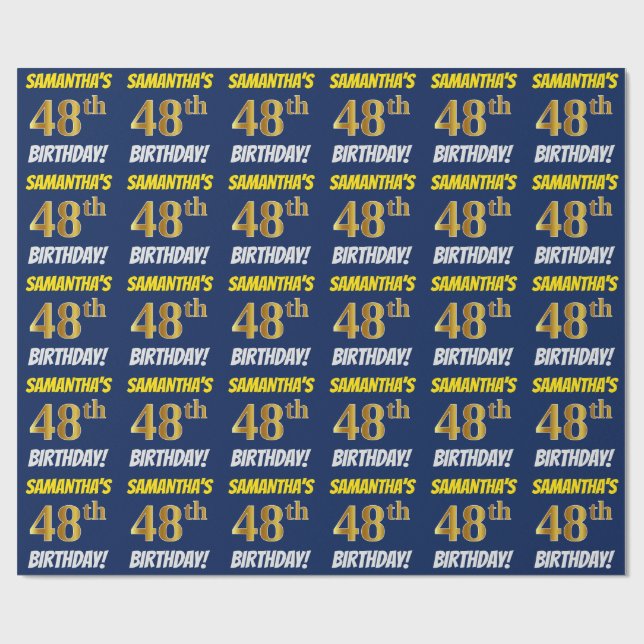 Blue, Faux/Imitation Gold, "48th BIRTHDAY" Wrapping Paper (Flat)